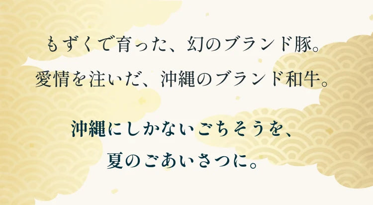 もずくで育った、幻のブランド豚。愛情を注いだ、沖縄のブランド和牛。沖縄にしかないごちそうを、夏のごあいさつに。